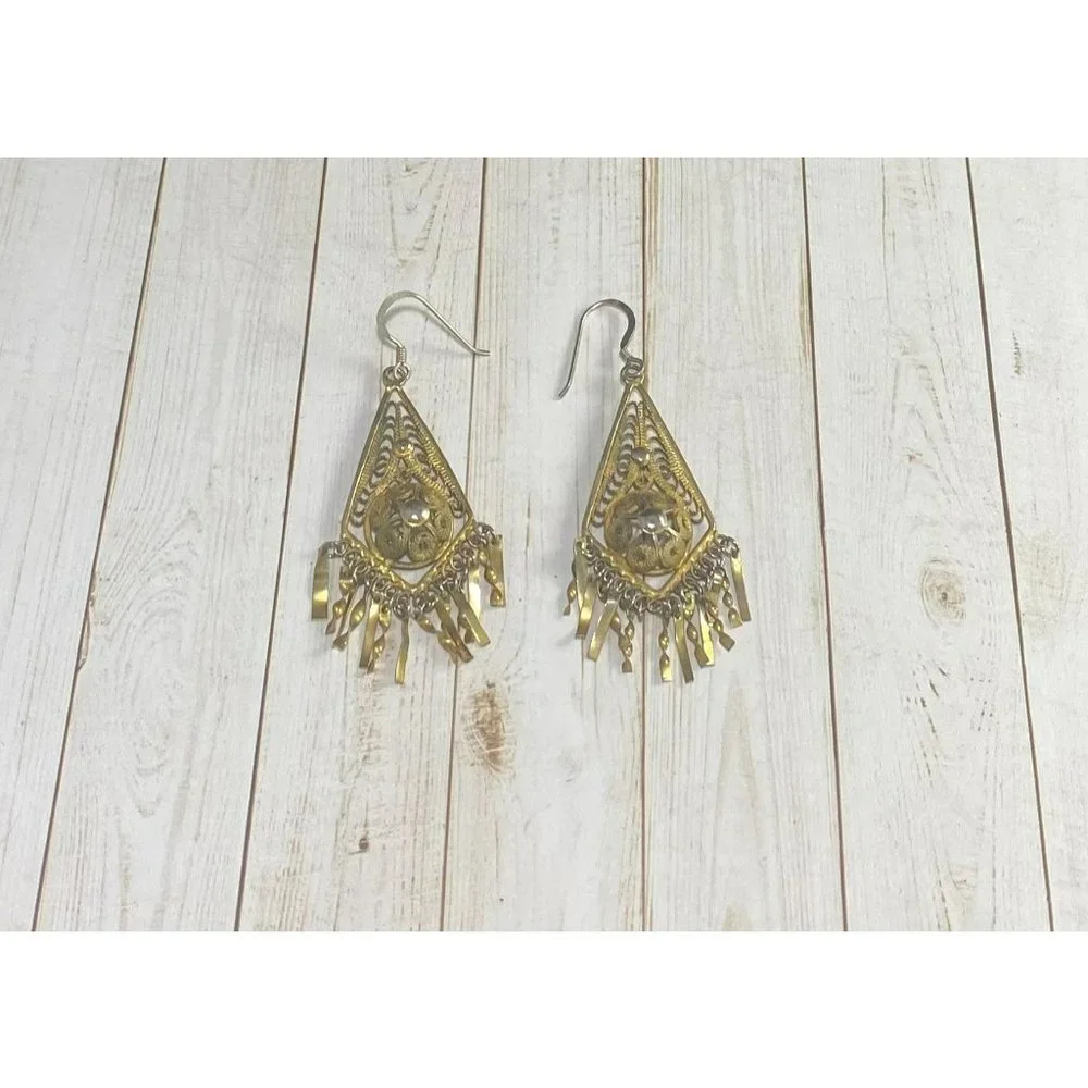 Vintage Victorian Filigree Dangle Earrings Vermeil Tone 925 Hooks - Picture 1 of 7
